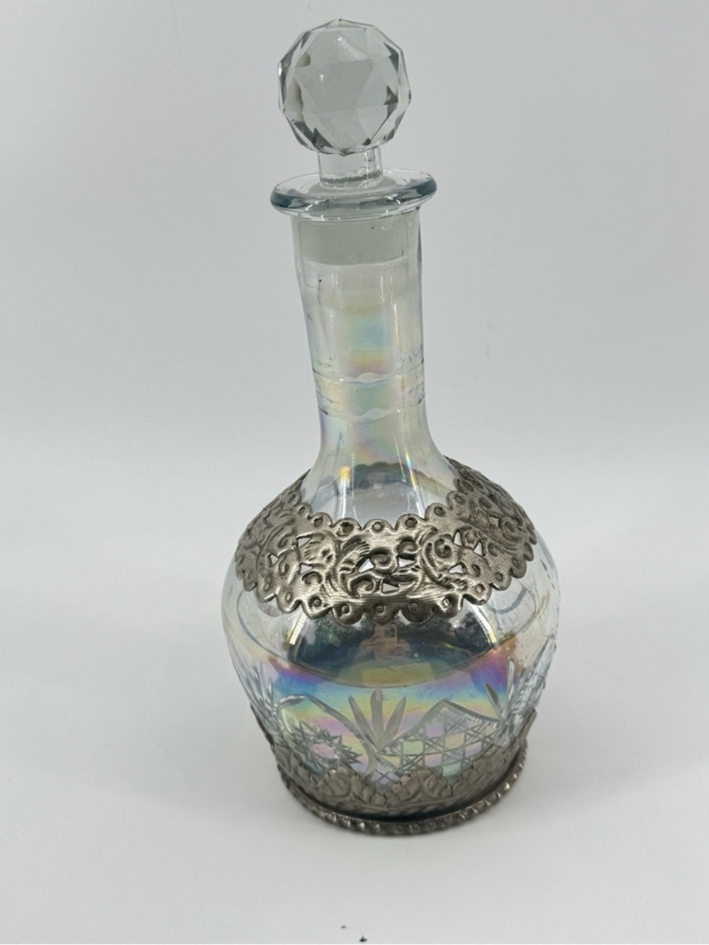 Iridescent Clear Glass Decanter with Silver Filigree Accent